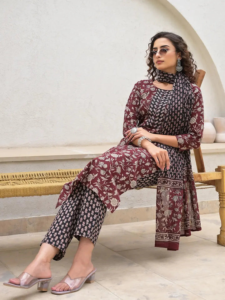 Piping On Yoke Floral Print Maroon Cotton Kurta Set With Dupatta Set