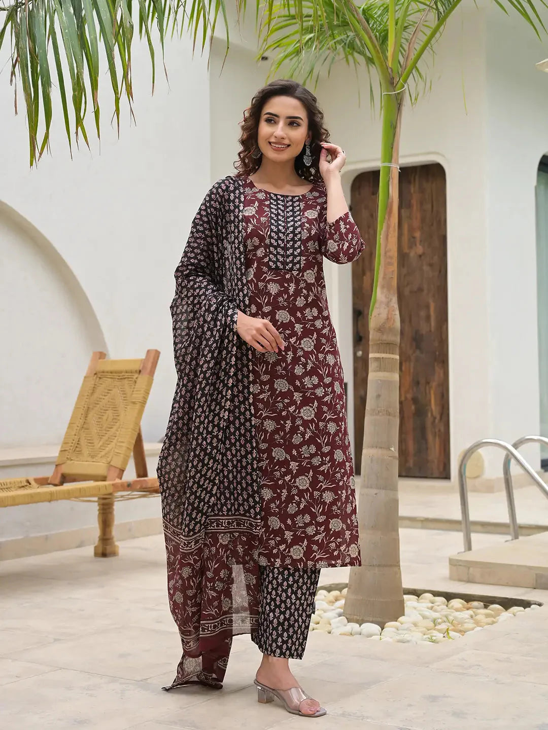Piping On Yoke Floral Print Maroon Cotton Kurta Set With Dupatta Set