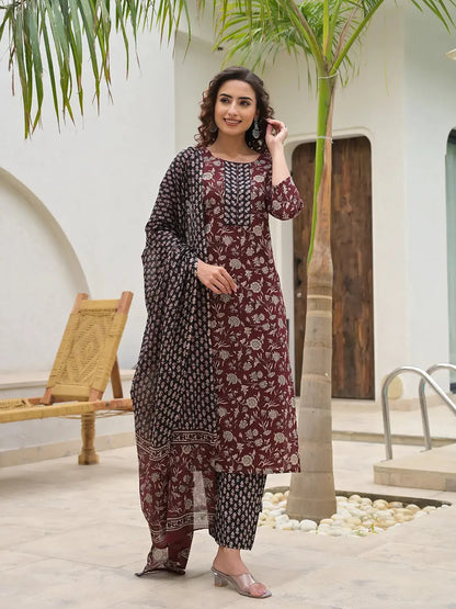 Piping On Yoke Floral Print Maroon Cotton Kurta Set With Dupatta Set