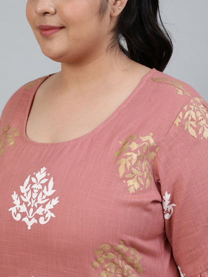 Plus Size Women Pink Printed Night Suit With Half Sleeves