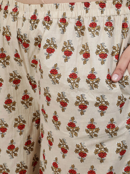 Plus Size Women Cream Printed Straight Kurta With Palazo & Dupatta