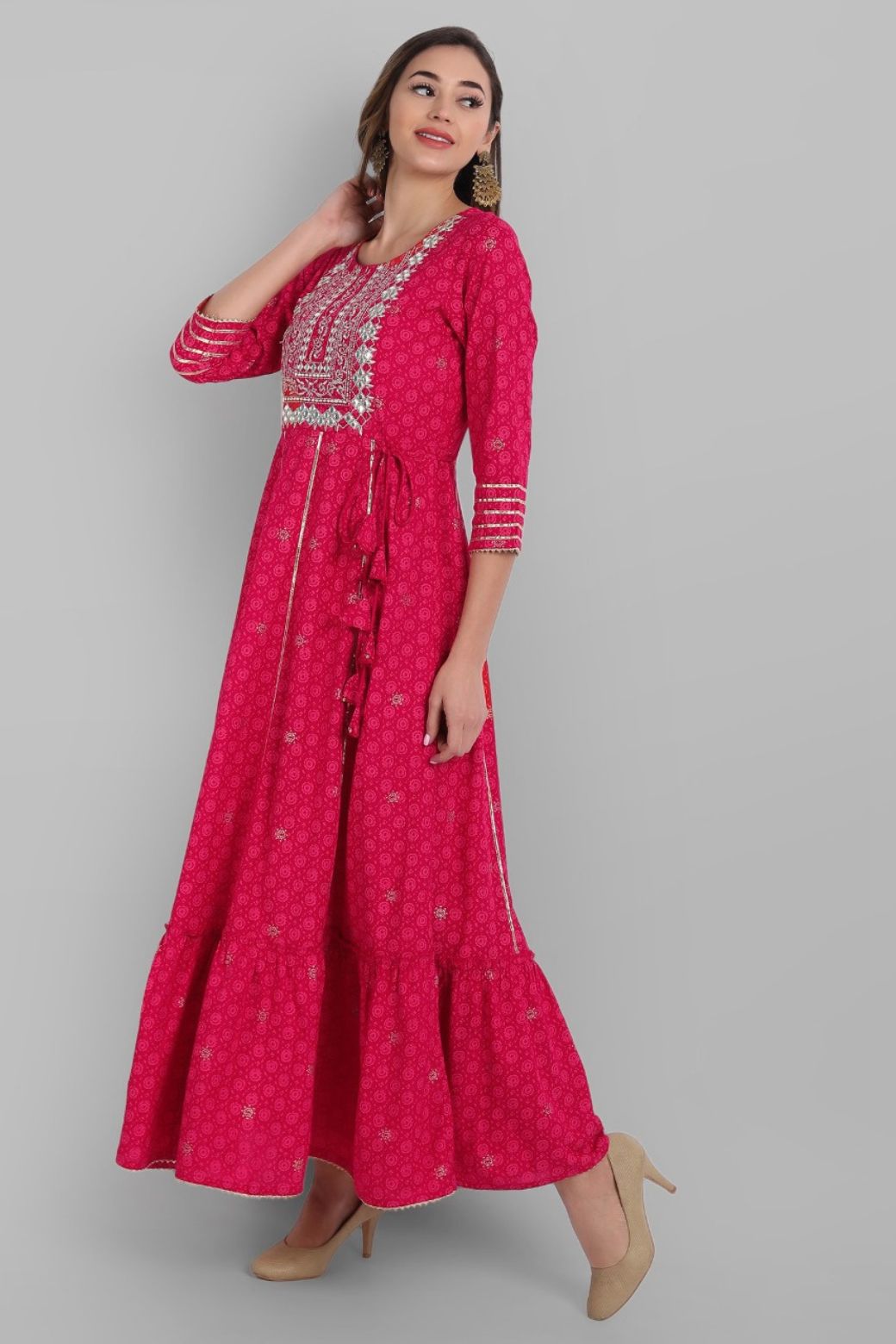 Fuchsia Rayon Festive Wear Embroidered Tiered Long Dress