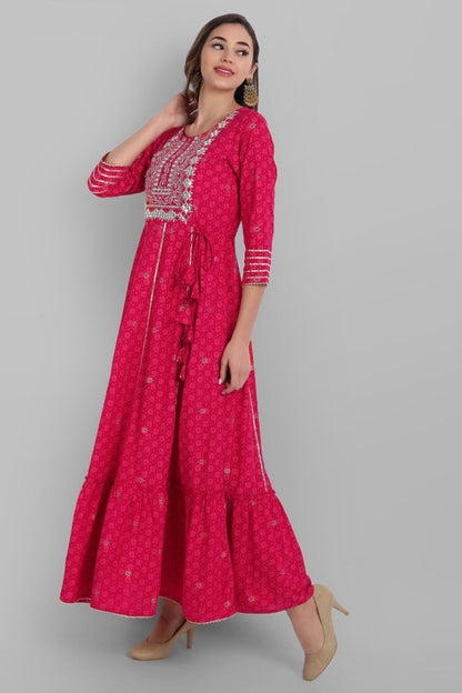 Fuchsia Rayon Festive Wear Embroidered Tiered Long Dress