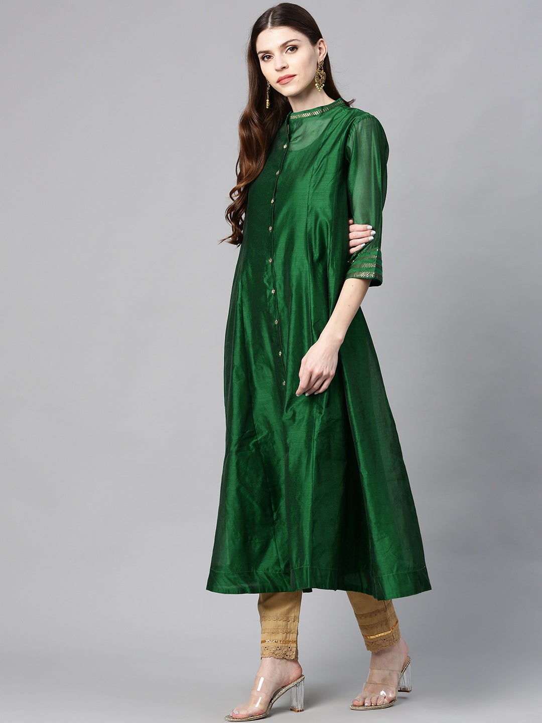 Jadegreen Chanderi Silk Solid Anarkali Kurta