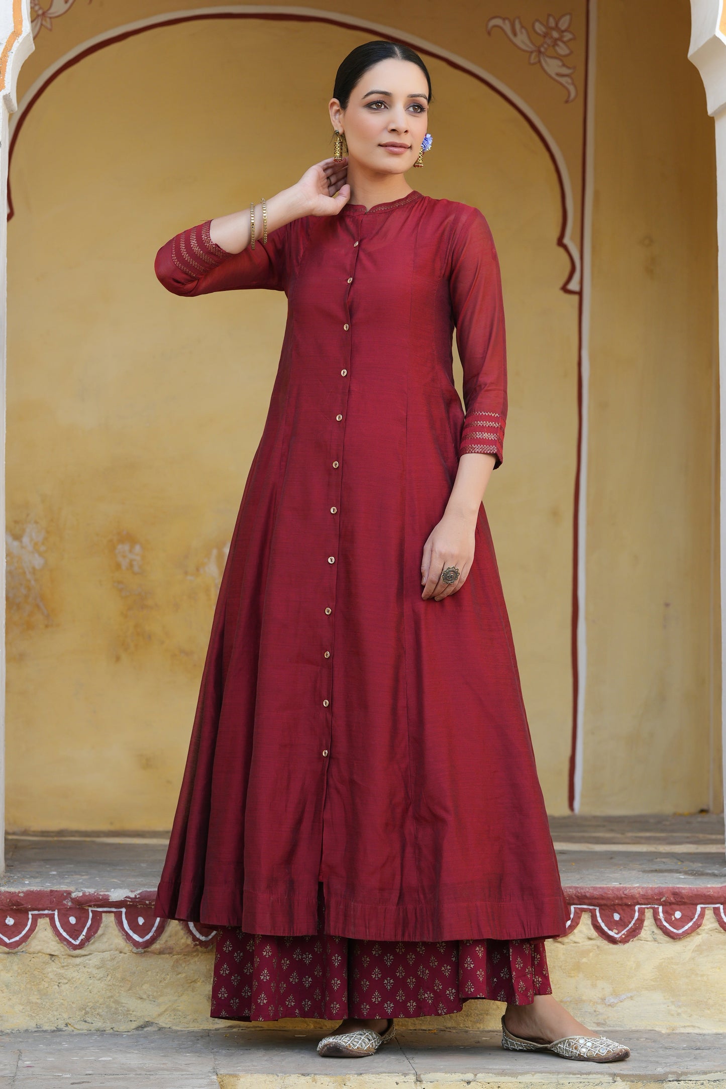 Maroon Chanderi Silk Solid Anarkali Kurta