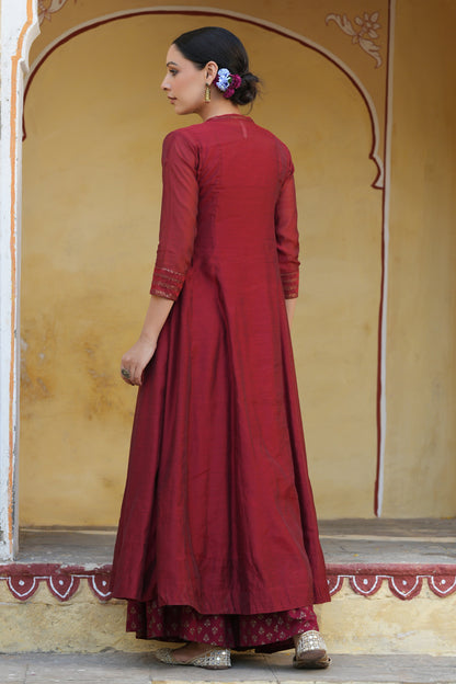 Maroon Chanderi Silk Solid Anarkali Kurta