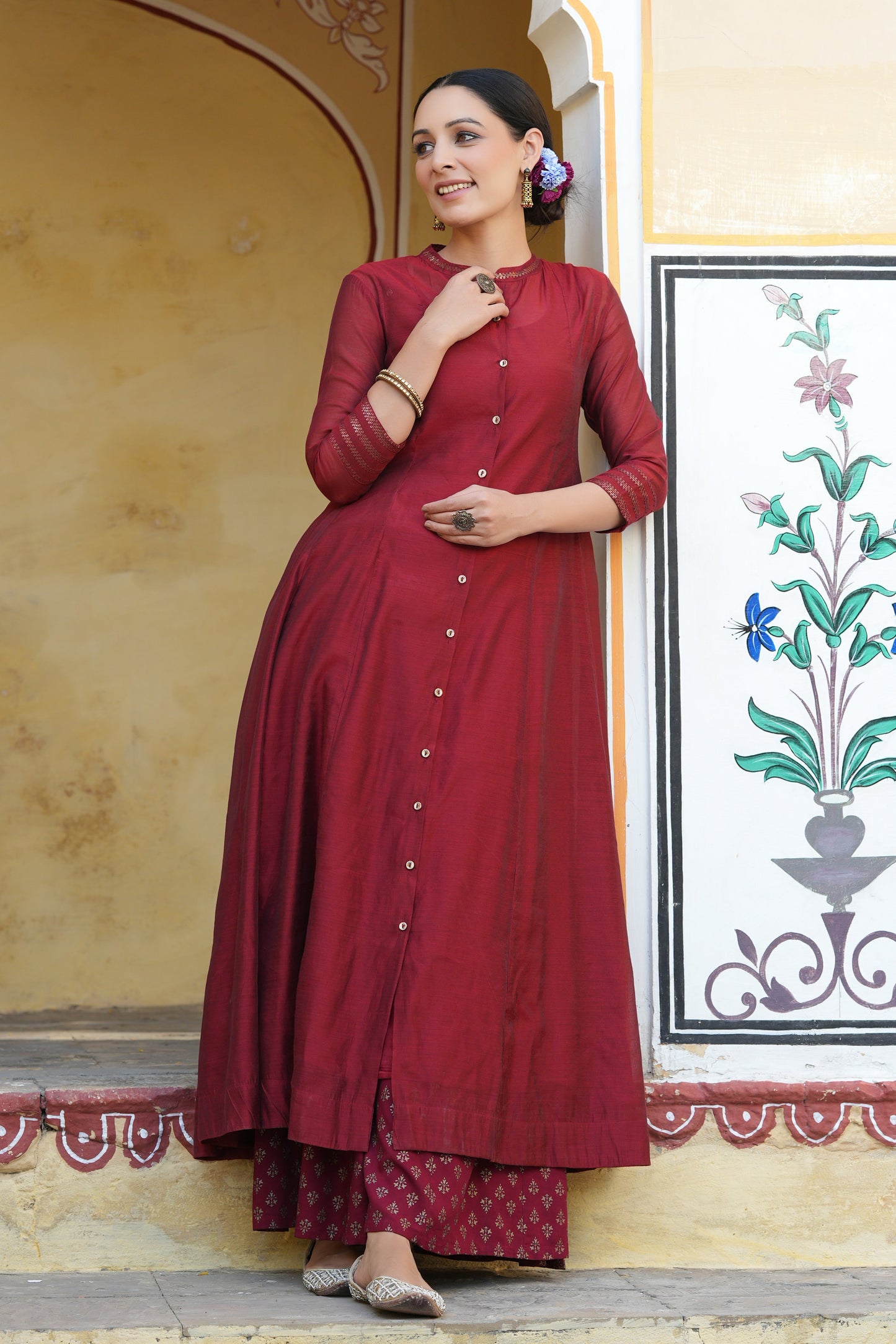 Maroon Chanderi Silk Solid Anarkali Kurta