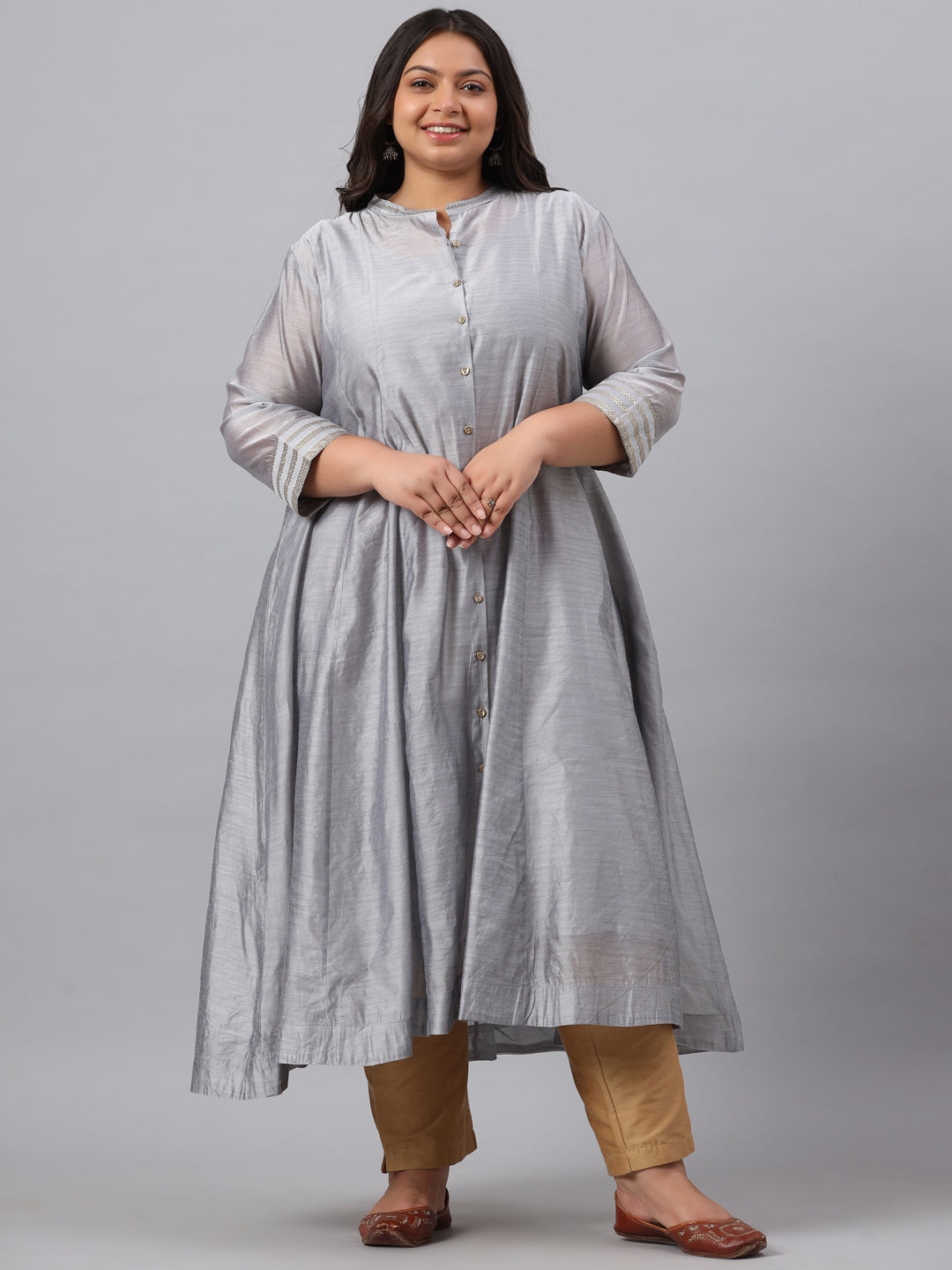 Grey Chanderi Silk Solid Anarkali Kurta with Inner