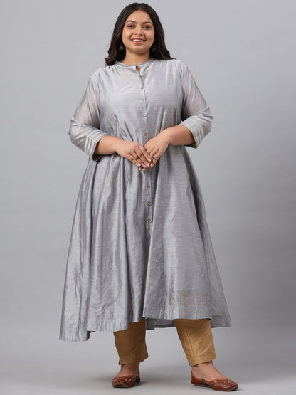 Grey Chanderi Silk Solid Anarkali Kurta with Inner