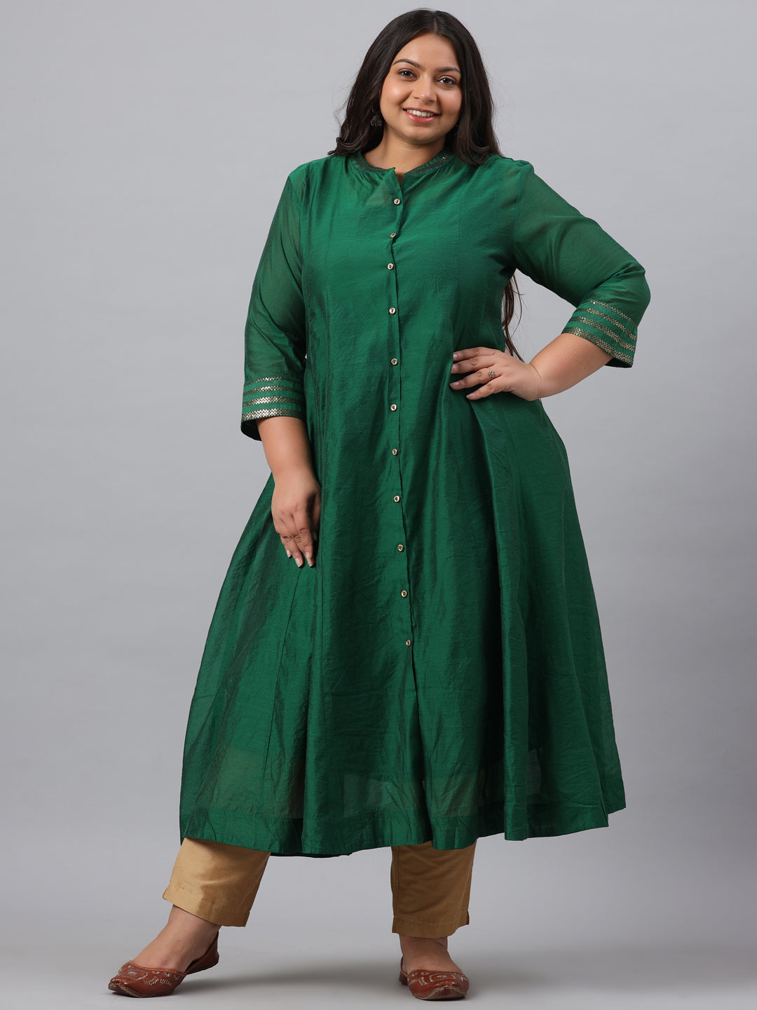 Jade green Chanderi Silk Solid Anarkali Kurta with Inner