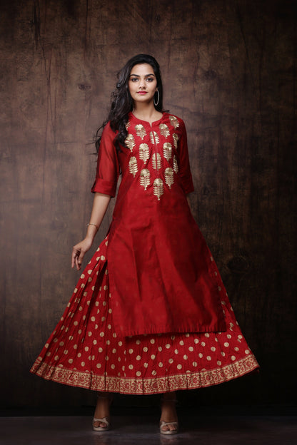 Maroon Chanderi Silk Embroidered & Printed Layered Dress