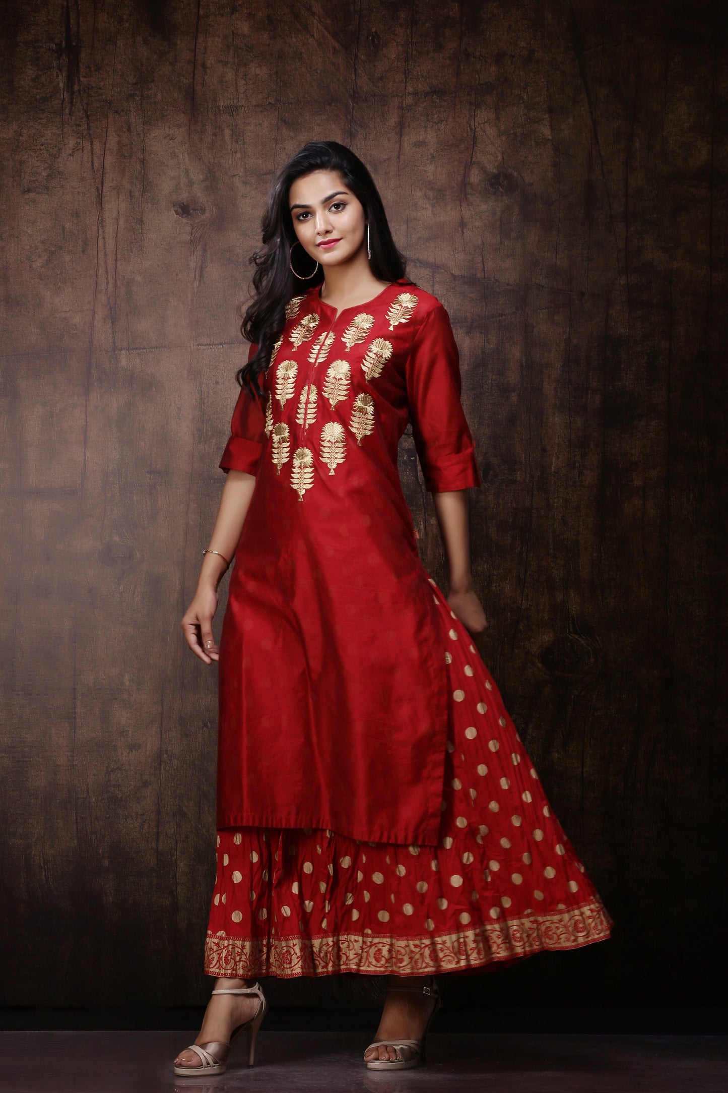 Maroon Chanderi Silk Embroidered & Printed Layered Dress