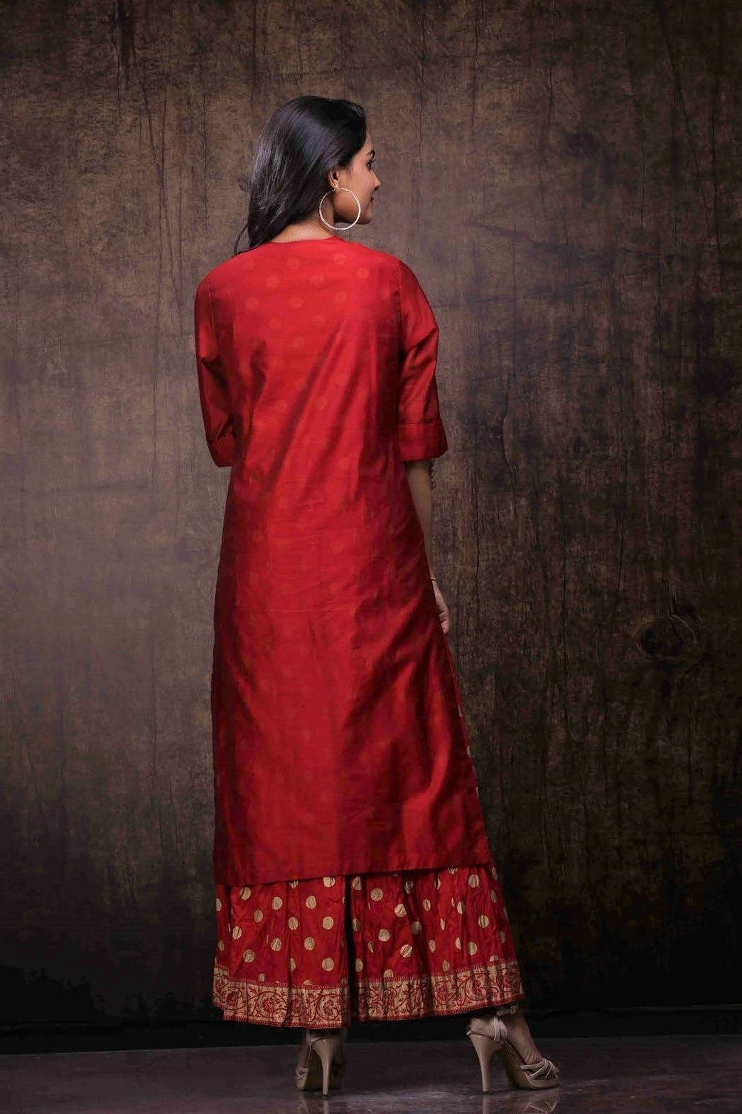 Maroon Chanderi Silk Embroidered & Printed Layered Dress