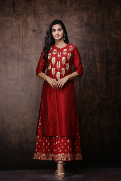 Maroon Chanderi Silk Embroidered & Printed Layered Dress