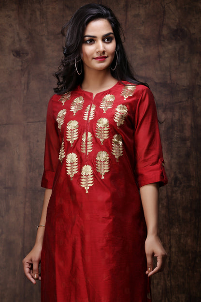 Maroon Chanderi Silk Embroidered & Printed Layered Dress