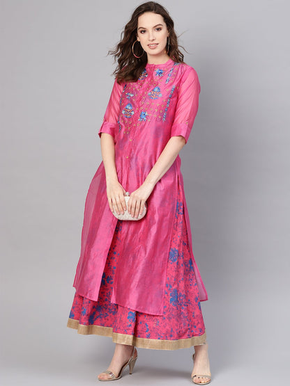 Fuchsia Chanderi Silk Embroidered & Printed Layered Dress