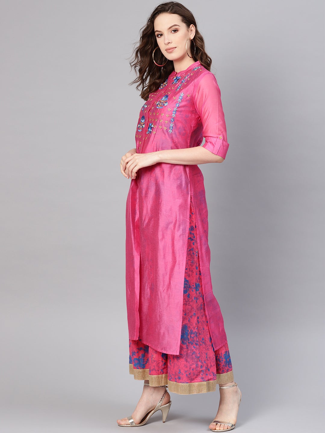 Fuchsia Chanderi Silk Embroidered & Printed Layered Dress