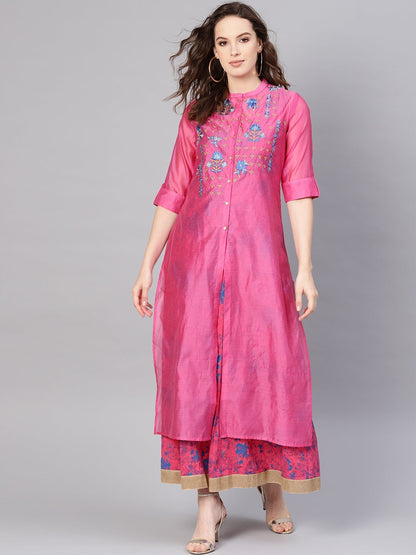 Fuchsia Chanderi Silk Embroidered & Printed Layered Dress