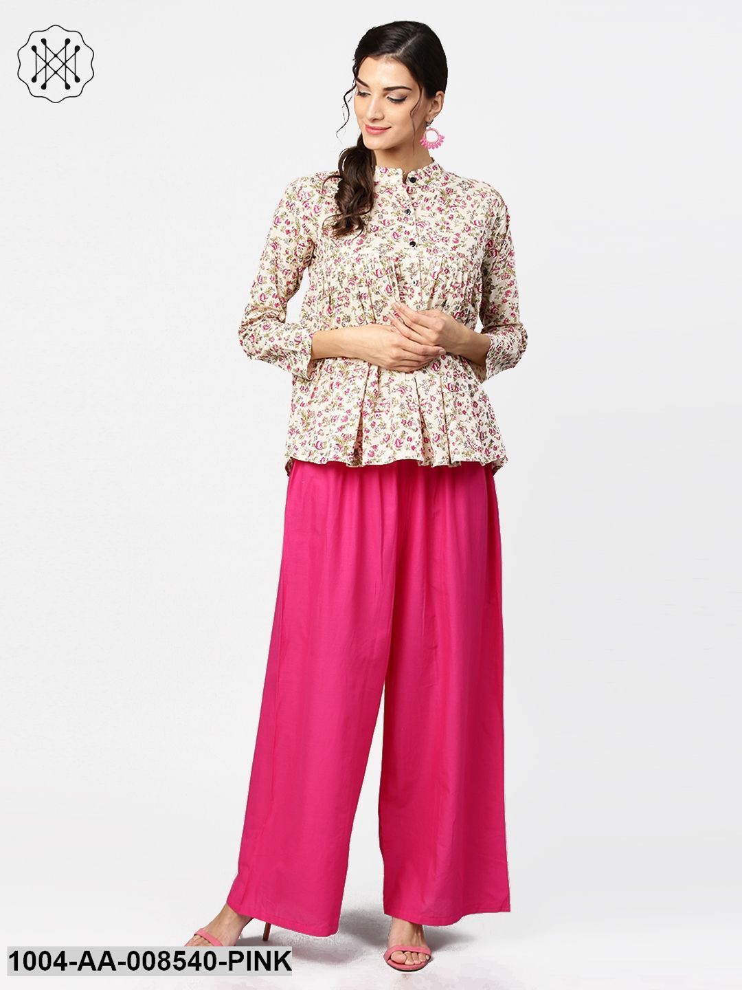 Floral Printed 3/4Th Sleeve Short Cotton Top With Solid Pink Palazzo