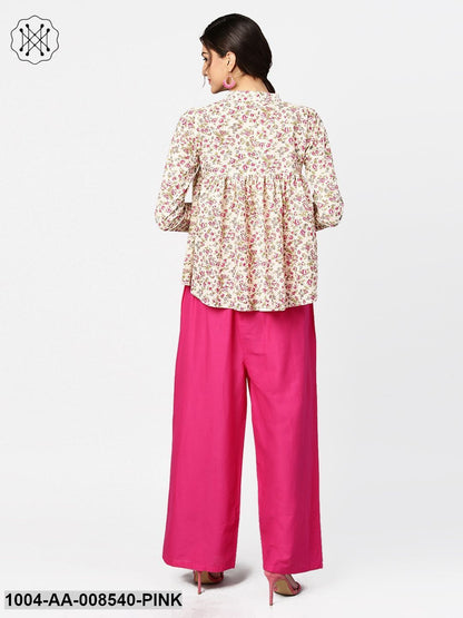 Floral Printed 3/4Th Sleeve Short Cotton Top With Solid Pink Palazzo
