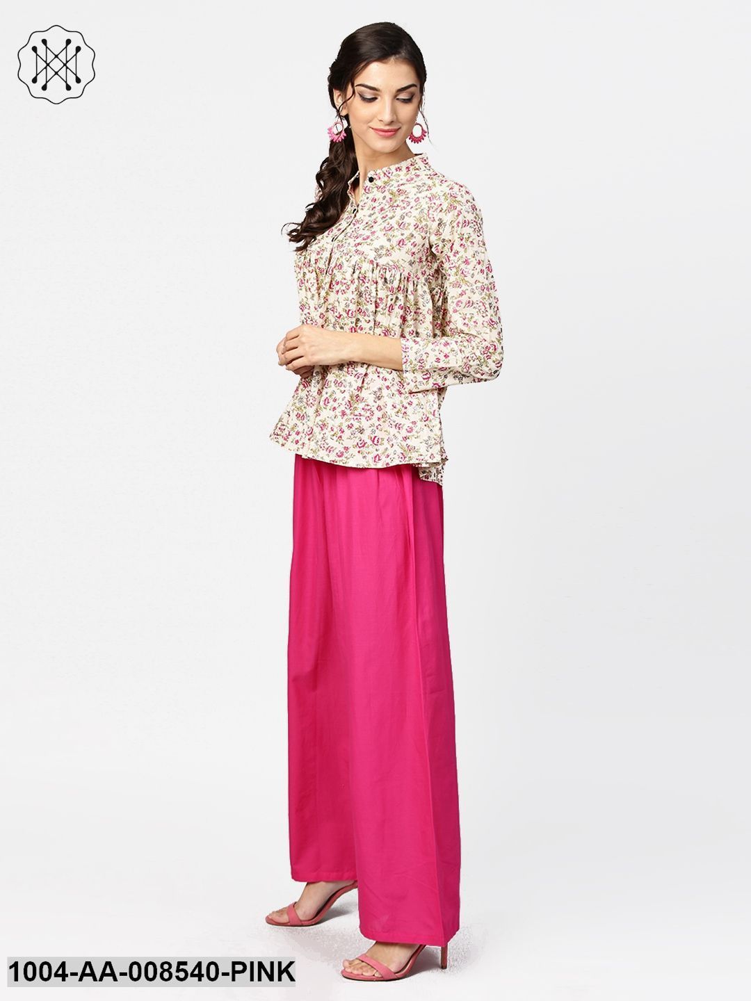 Floral Printed 3/4Th Sleeve Short Cotton Top With Solid Pink Palazzo
