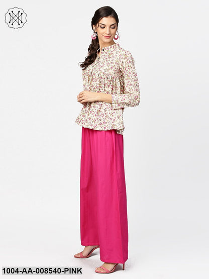 Floral Printed 3/4Th Sleeve Short Cotton Top With Solid Pink Palazzo