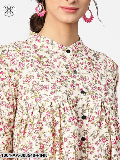 Floral Printed 3/4Th Sleeve Short Cotton Top With Solid Pink Palazzo