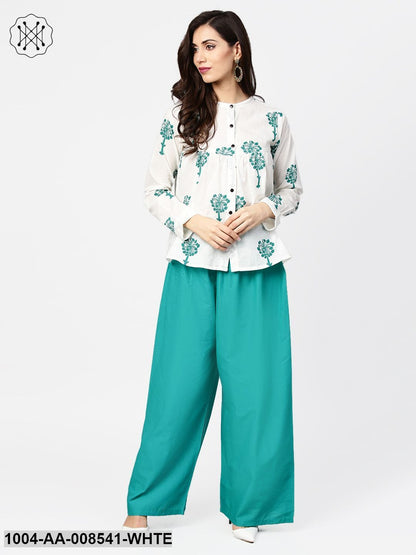 White Printed 3/4Th Sleeve Cotton Tops With Green Palazzo Set