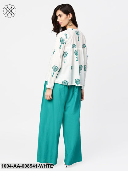 White Printed 3/4Th Sleeve Cotton Tops With Green Palazzo Set