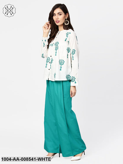 White Printed 3/4Th Sleeve Cotton Tops With Green Palazzo Set