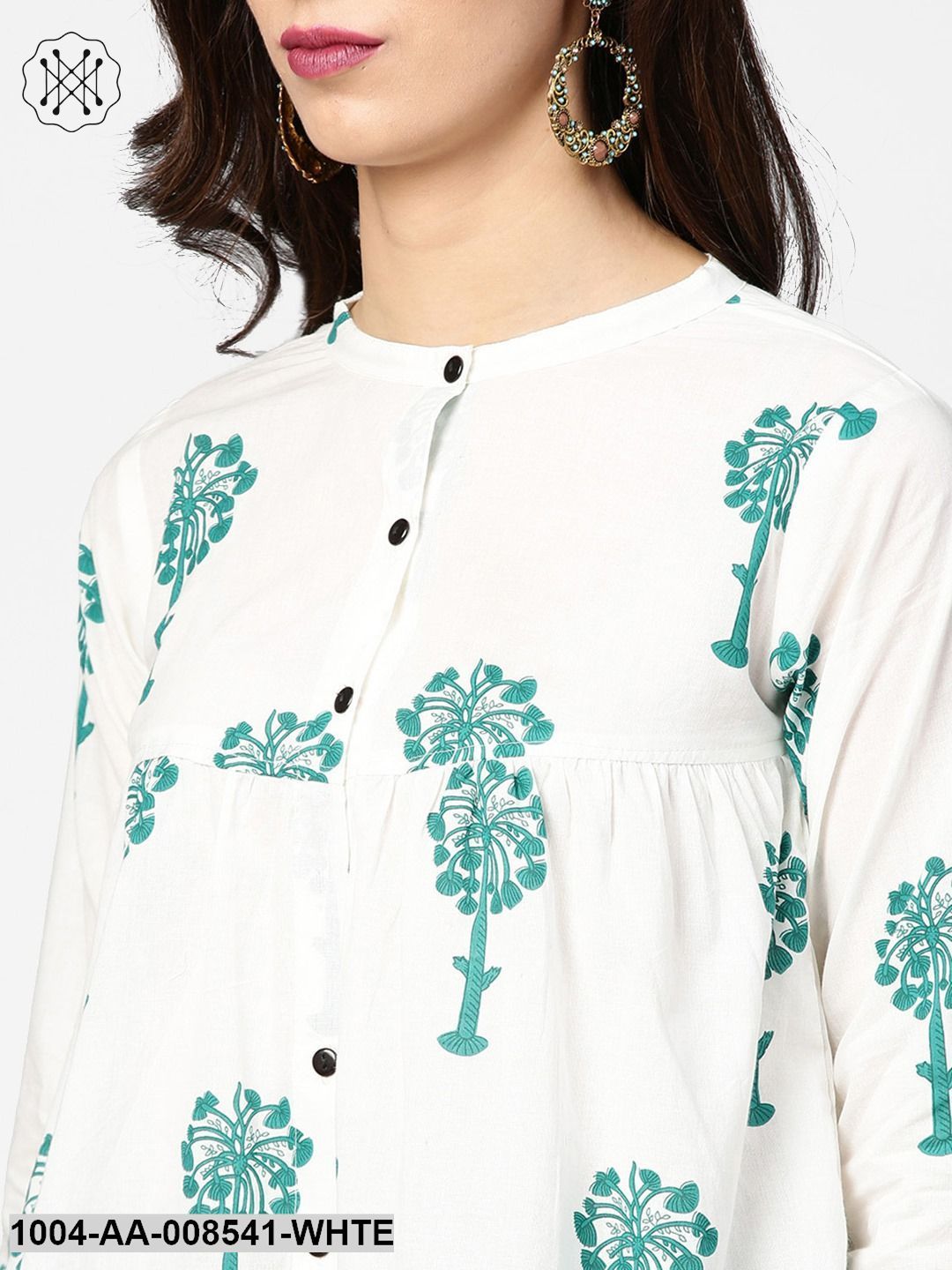 White Printed 3/4Th Sleeve Cotton Tops With Green Palazzo Set