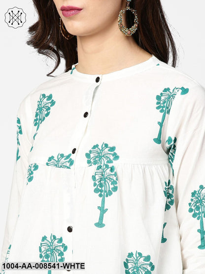 White Printed 3/4Th Sleeve Cotton Tops With Green Palazzo Set