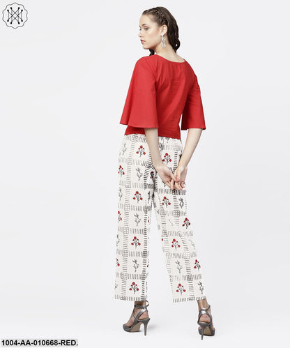 Red 3/4Th Sleeve Tops With Off White Printed Palazzo