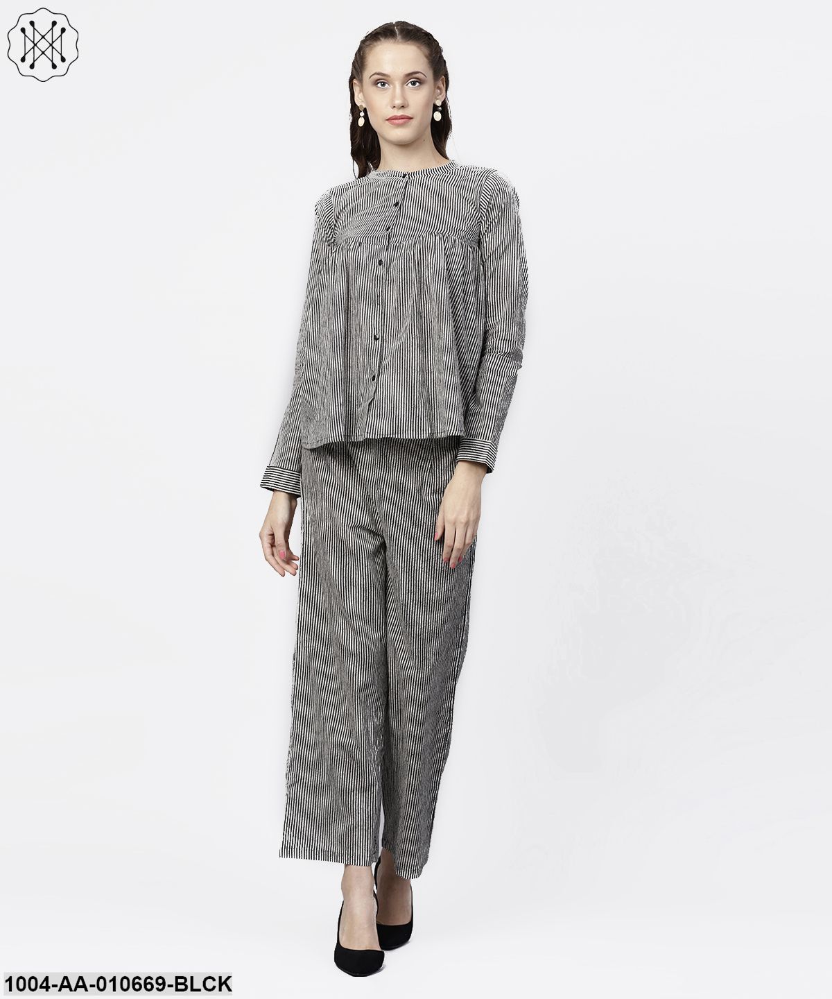 Black Striped Full Sleeve A-Line Top With Regular Fit Palazzo Set