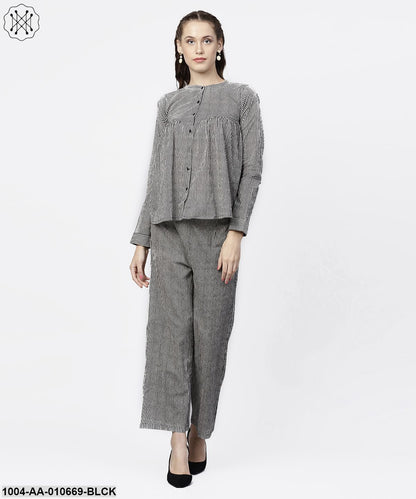 Black Striped Full Sleeve A-Line Top With Regular Fit Palazzo Set