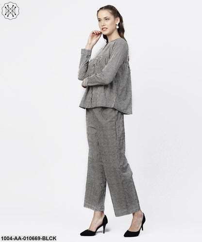 Black Striped Full Sleeve A-Line Top With Regular Fit Palazzo Set