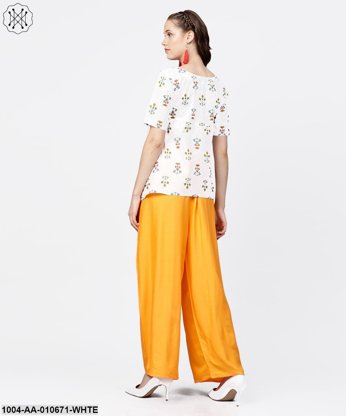 White Printed Half Sleeve Short Cotton Top With Yellow Regular Fit Palazzo