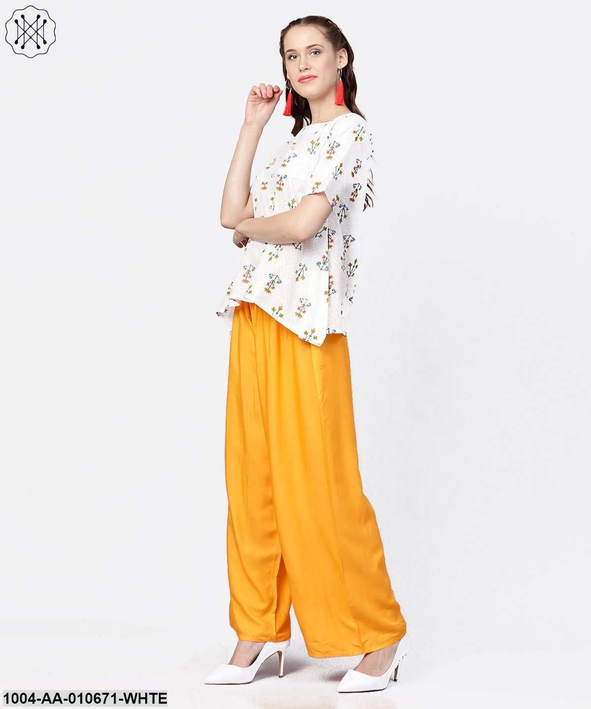 White Printed Half Sleeve Short Cotton Top With Yellow Regular Fit Palazzo