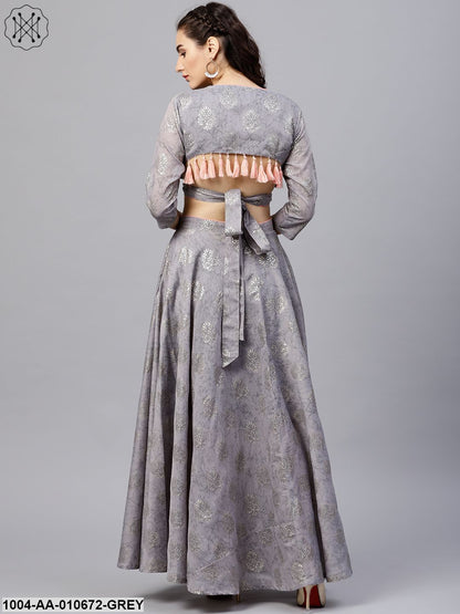 Silver Grey Printed Set Of Blouse And Skirt