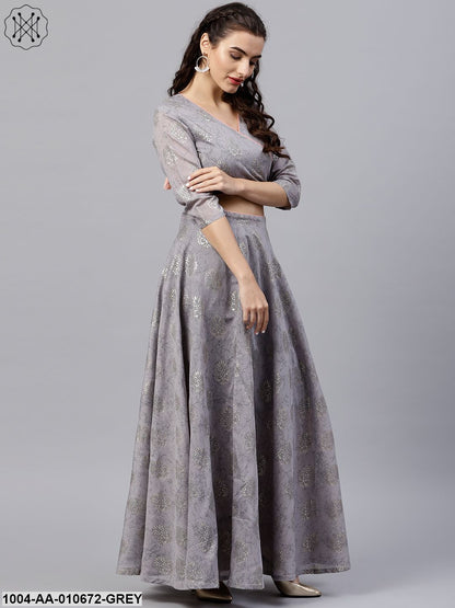 Silver Grey Printed Set Of Blouse And Skirt