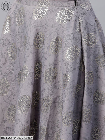 Silver Grey Printed Set Of Blouse And Skirt