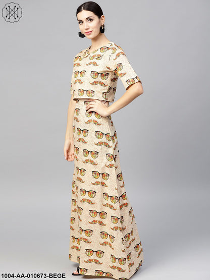 Beige Printed Peter Pan Collar Blouse With Floor Length Flared Ion Skirt