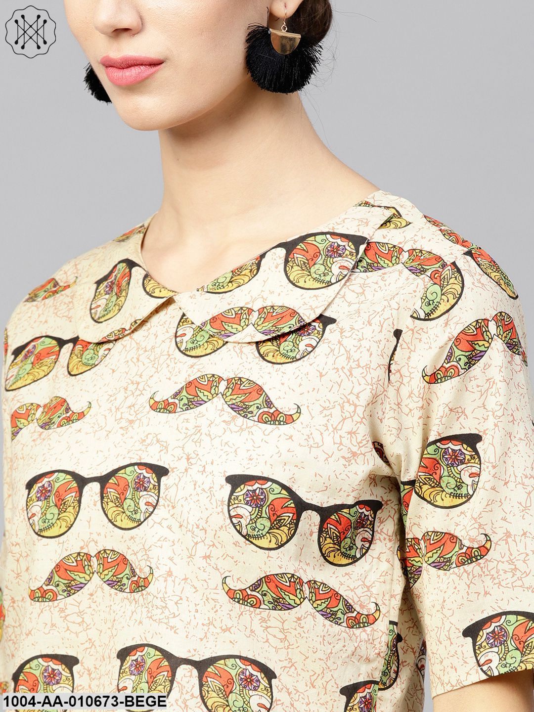 Beige Printed Peter Pan Collar Blouse With Floor Length Flared Ion Skirt
