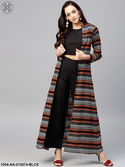 Solid Black Blouse Set With Black Palazzo And Printed Long Jacket