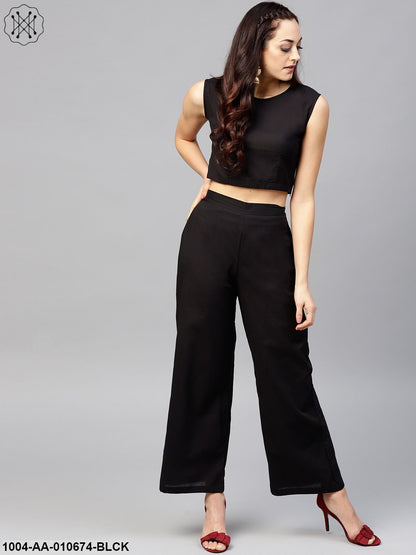 Solid Black Blouse Set With Black Palazzo And Printed Long Jacket