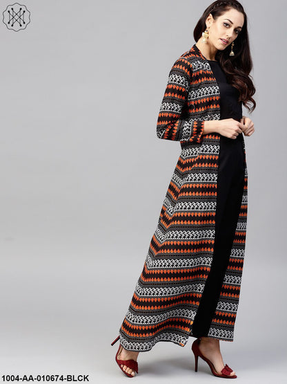 Solid Black Blouse Set With Black Palazzo And Printed Long Jacket