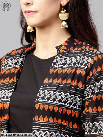 Solid Black Blouse Set With Black Palazzo And Printed Long Jacket