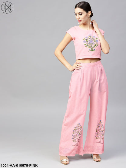 Pink Cap Sleeve Block Printed Cotton Crop Top With Block Printed Palazzo