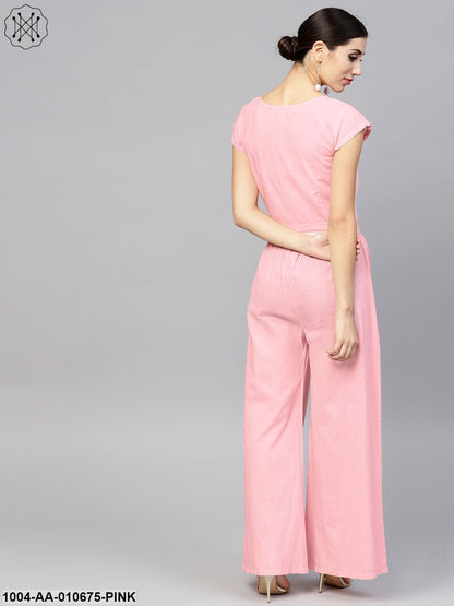 Pink Cap Sleeve Block Printed Cotton Crop Top With Block Printed Palazzo
