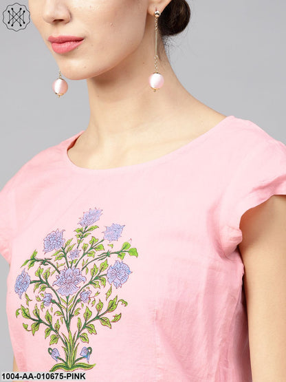 Pink Cap Sleeve Block Printed Cotton Crop Top With Block Printed Palazzo